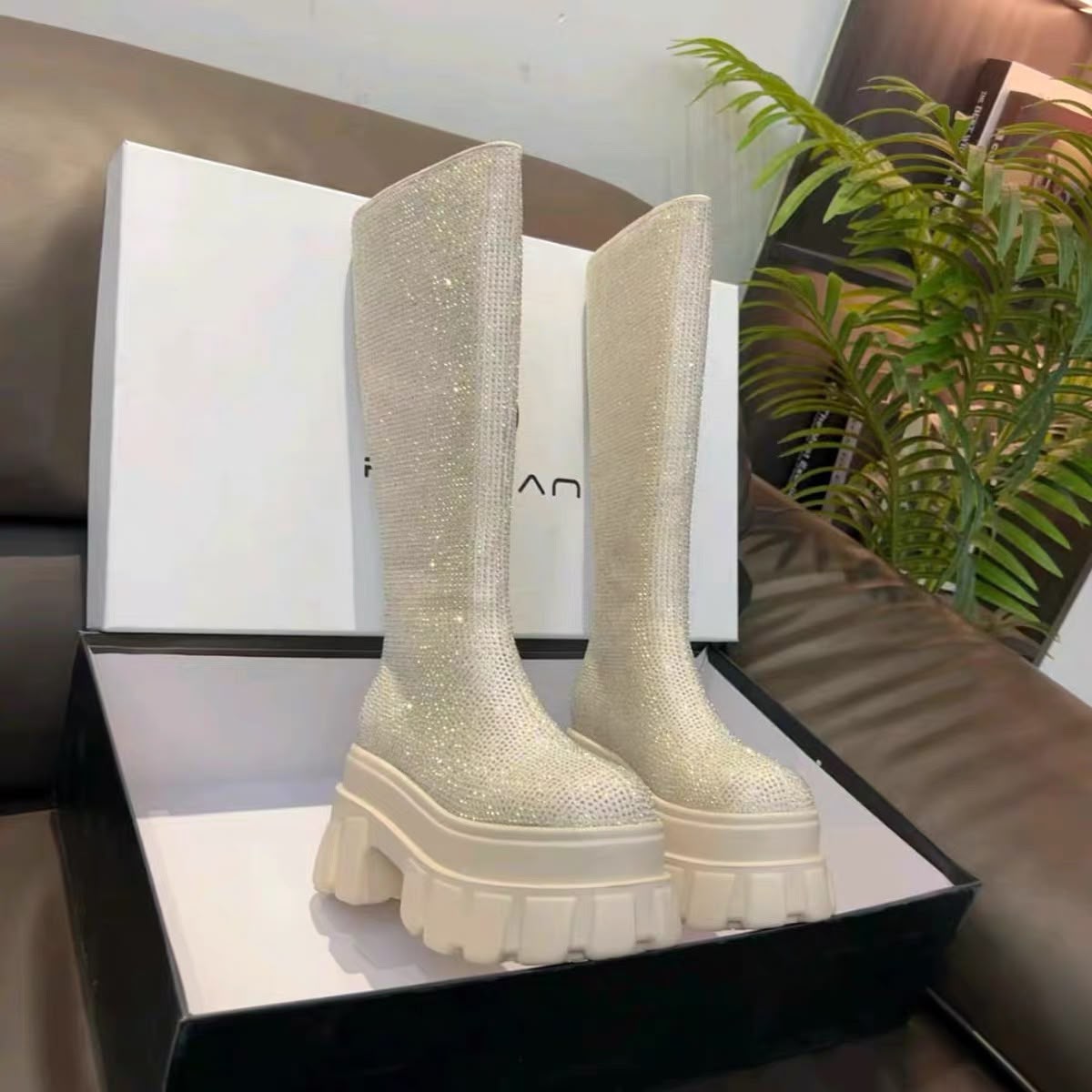 Women's Rhinestone Knee-High Platform Boots