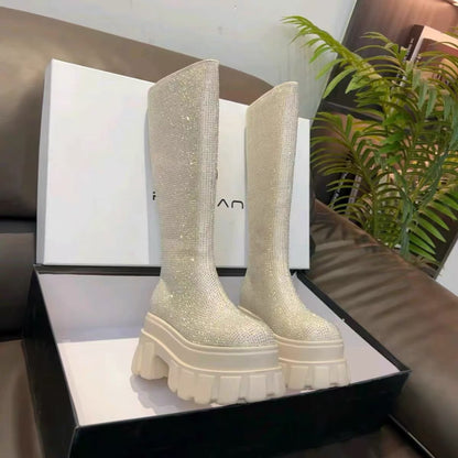 Women's Rhinestone Knee-High Platform Boots