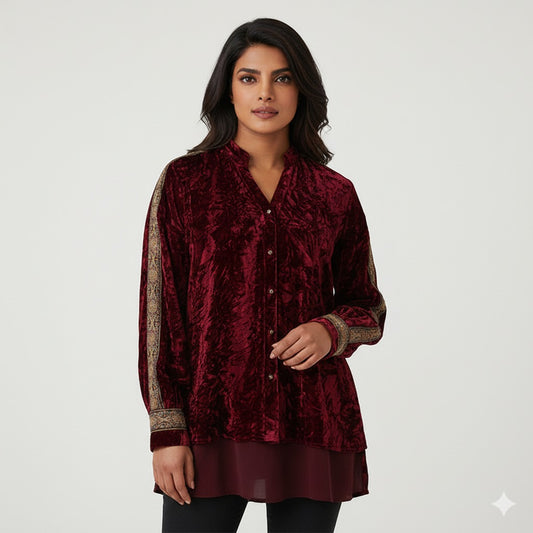 Mexican Style Wrinkled Bronzing Ethnic Style Velvet Shirt  Long-Sleeved Top for Women SAM709