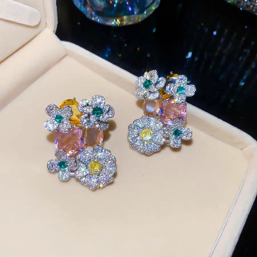 Luxury Crystal Floral Statement Earrings – Green & Champagne Stones