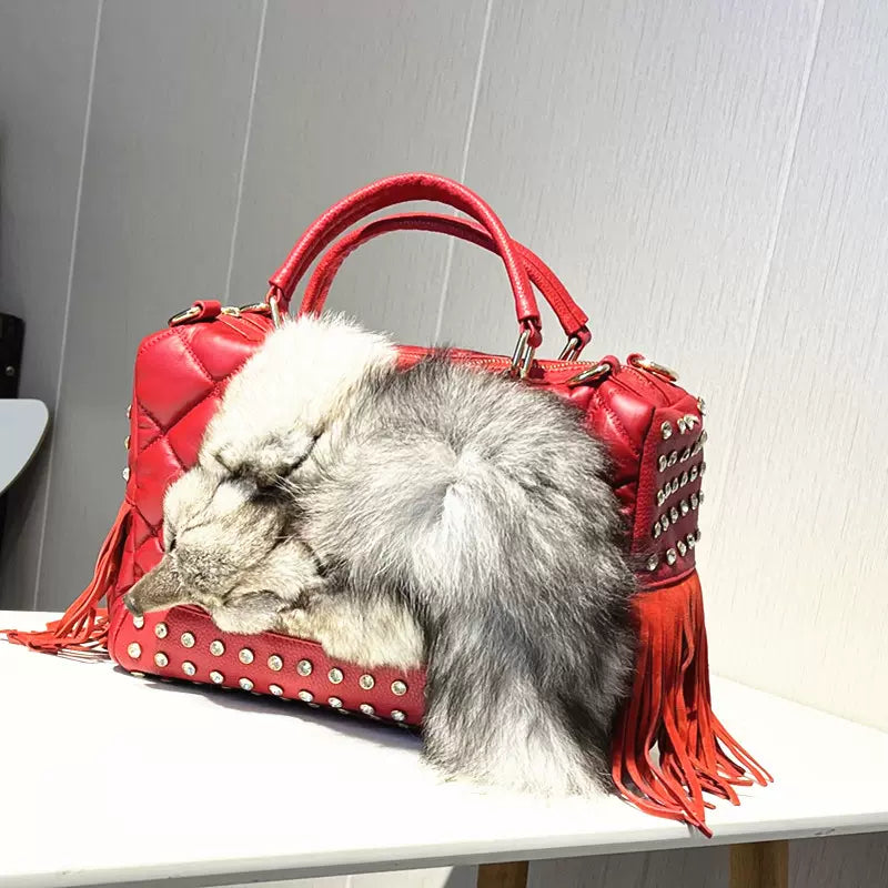 Genuine leather tassel handbag women's bag 2024 new fashion casual soft leather diamond faux fur large capacity bag crossbody bag SAM33