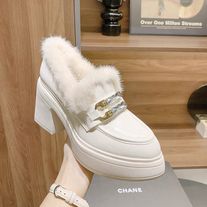 White faux-fur trim crystal buckle chunky platform loafer