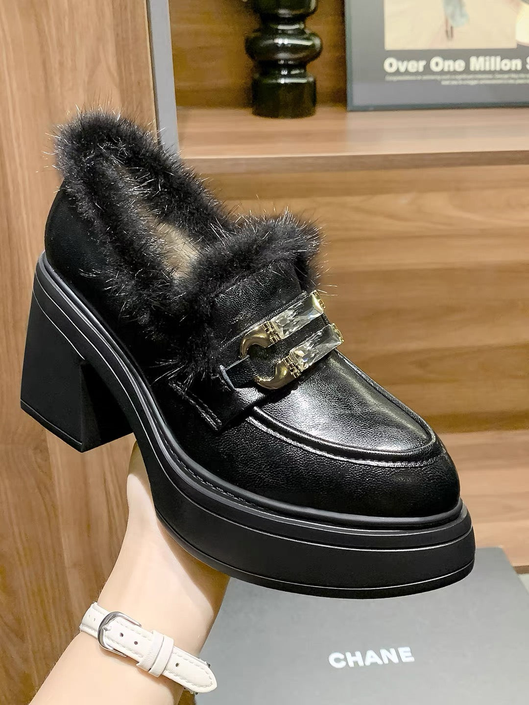 Black faux-fur trim crystal buckle chunky platform loafer