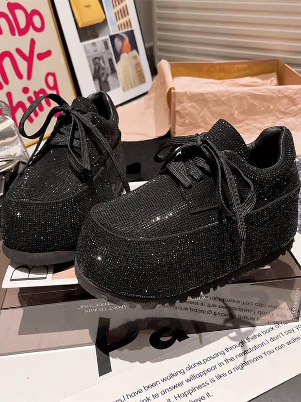 Dazzling Platform Sneakers: Black and Silver Sparkle Shoes SAM501