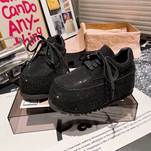 Dazzling Platform Sneakers: Black and Silver Sparkle Shoes SAM501