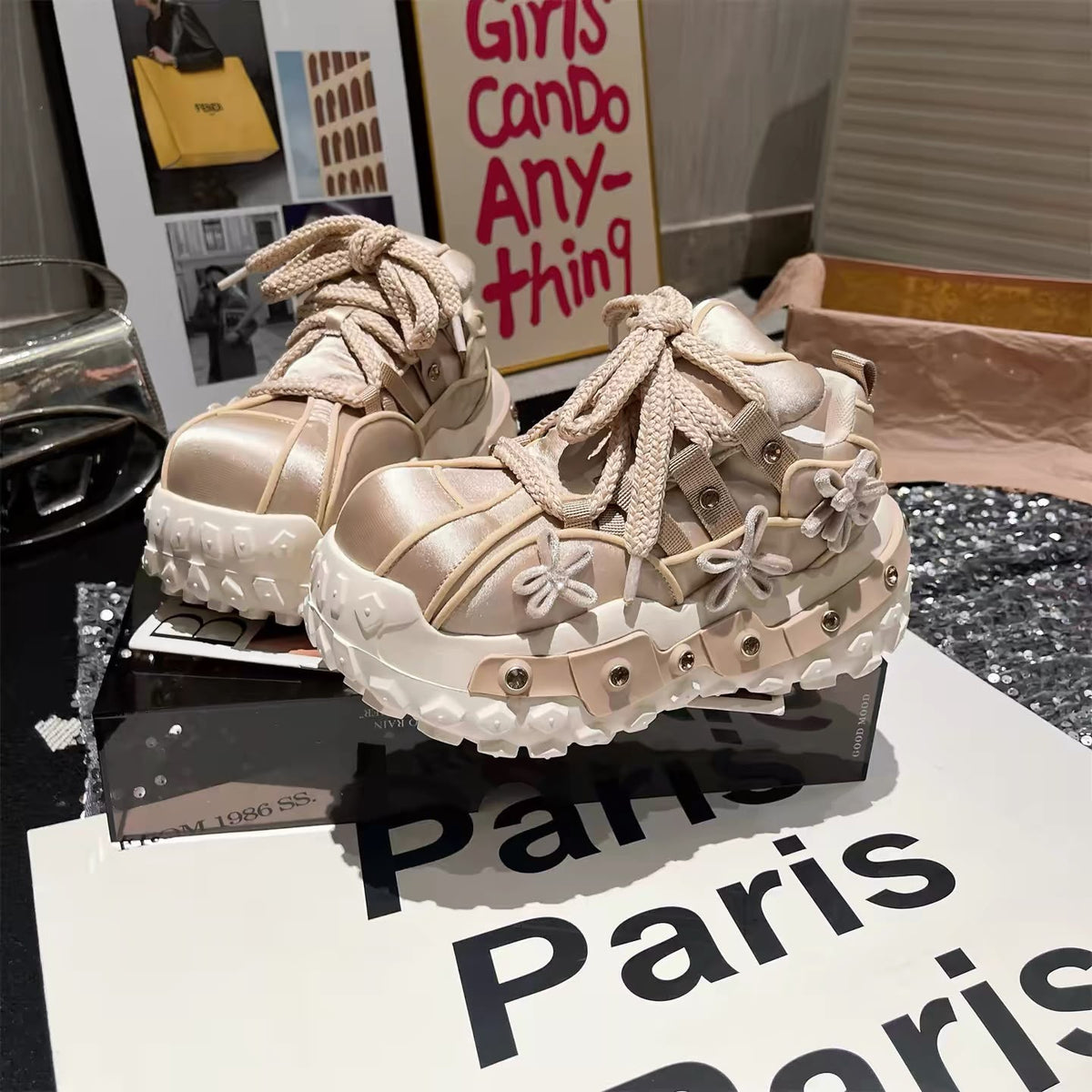 Beige champagne genuine leather chunky platform sneakers with braided laces and flower charms