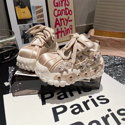 Beige champagne genuine leather chunky platform sneakers with braided laces and flower charms