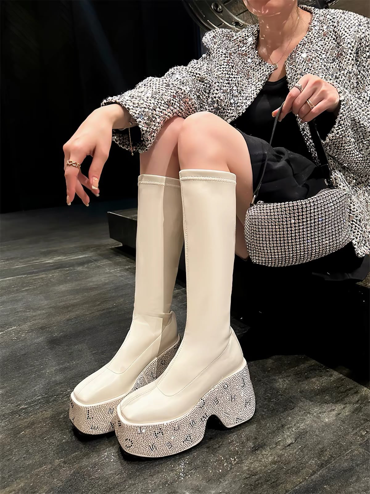 Cream genuine leather knee-high boots with chunky decorative platform wedge soles