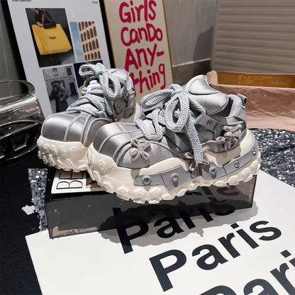 Silver grey genuine leather chunky platform sneakers with braided laces, flower charms and decorative studded sole