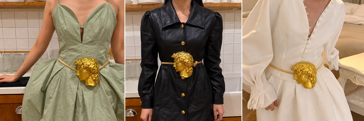 Slim gold belt with sculpted classical head buckle styled with sage green, black, and ivory outfits