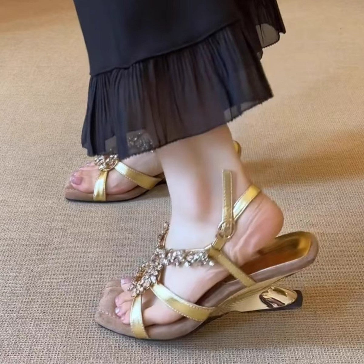 High-end gold rhinestone wedge sandals for women SAM299
