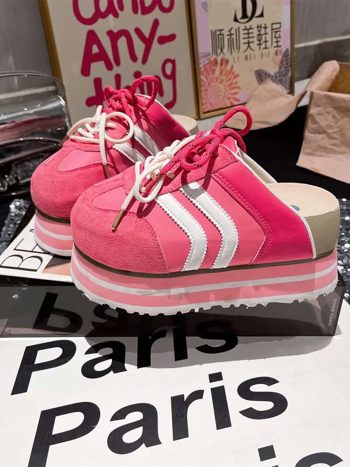 Women’s pink back open slip-on platform sneakers with white stripes and height increasing sole
