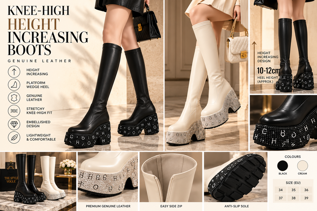 Luxury product collage of black and cream genuine leather knee-high height-increasing platform boots with embellished wedge soles, no model faces