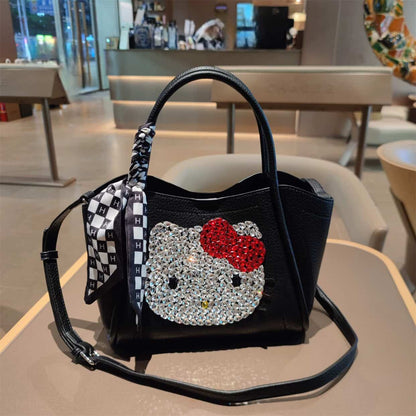 Cute Crystal Kitty Genuine Leather Handbag – Luxury Red Women’s Tote Bag, Large Capacity Shoulder & Crossbody Bag