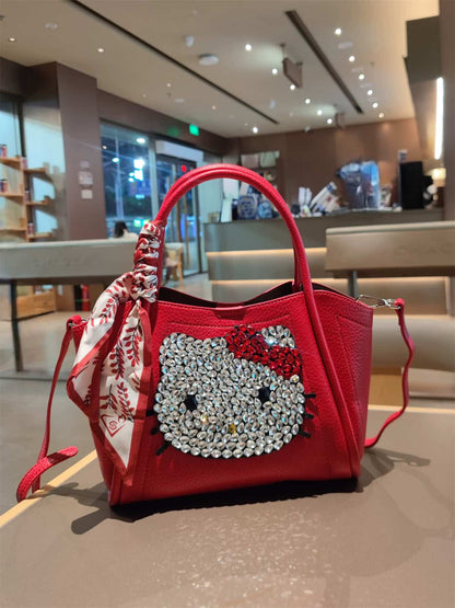 Cute Crystal Kitty Genuine Leather Handbag – Luxury Red Women’s Tote Bag, Large Capacity Shoulder & Crossbody Bag