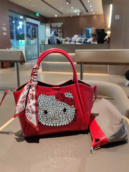 Cute Crystal Kitty Genuine Leather Handbag – Luxury Red Women’s Tote Bag, Large Capacity Shoulder & Crossbody Bag