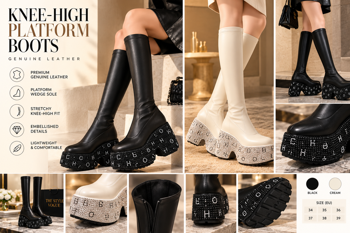 Luxury campaign collage for black and cream genuine leather knee-high platform boots with embellished chunky soles
