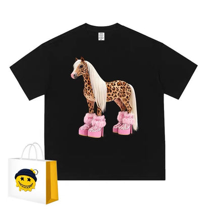 Black oversized T-shirt with leopard horse and pink platform boots graphic