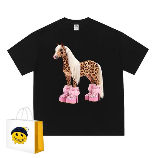 Black oversized T-shirt with leopard horse and pink platform boots graphic