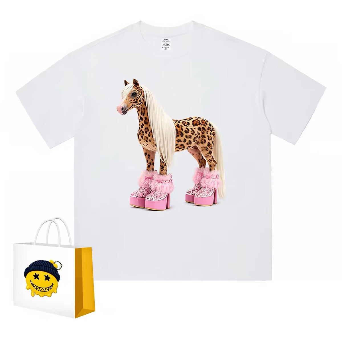 White oversized T-shirt with leopard horse and pink platform boots graphic
