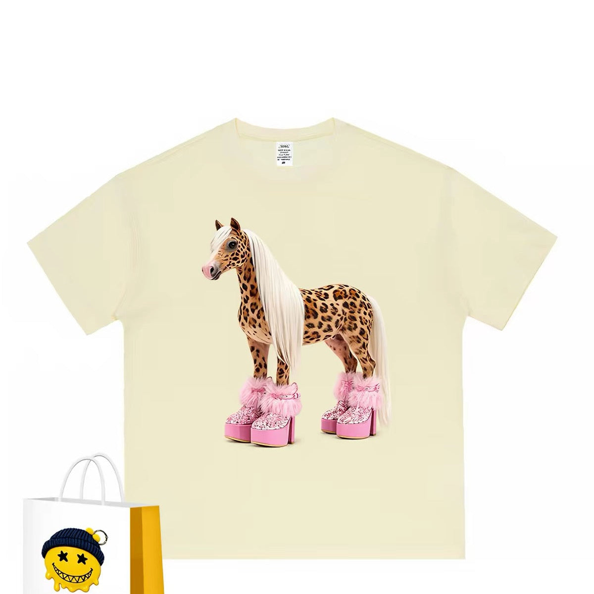 Cream oversized T-shirt with leopard horse and pink platform boots graphic