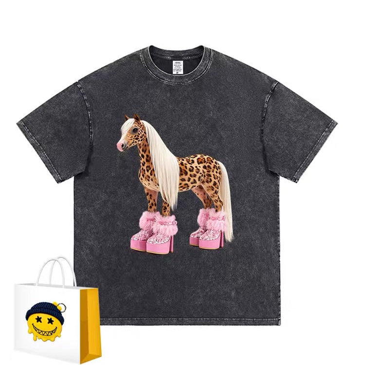 Washed charcoal T-shirt with leopard horse and pink platform boots graphic