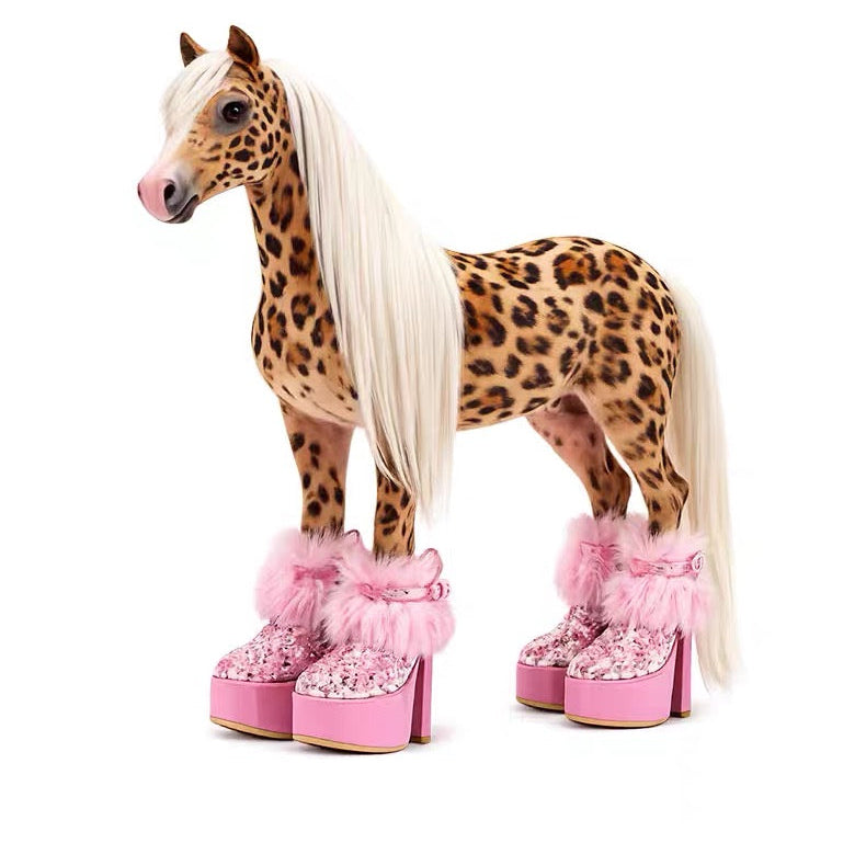 Close-up of the leopard horse graphic wearing pink platform boots