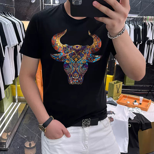 short-sleeved T-shirt men's 2024 summer new European goods trendy brand bull head hot diamond mercerized cotton high end tshirt SAM31