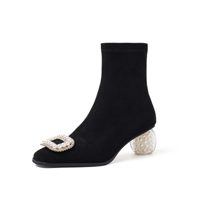 French high-heeled ankle fairy-style pearl square toe elastic boots SAM400