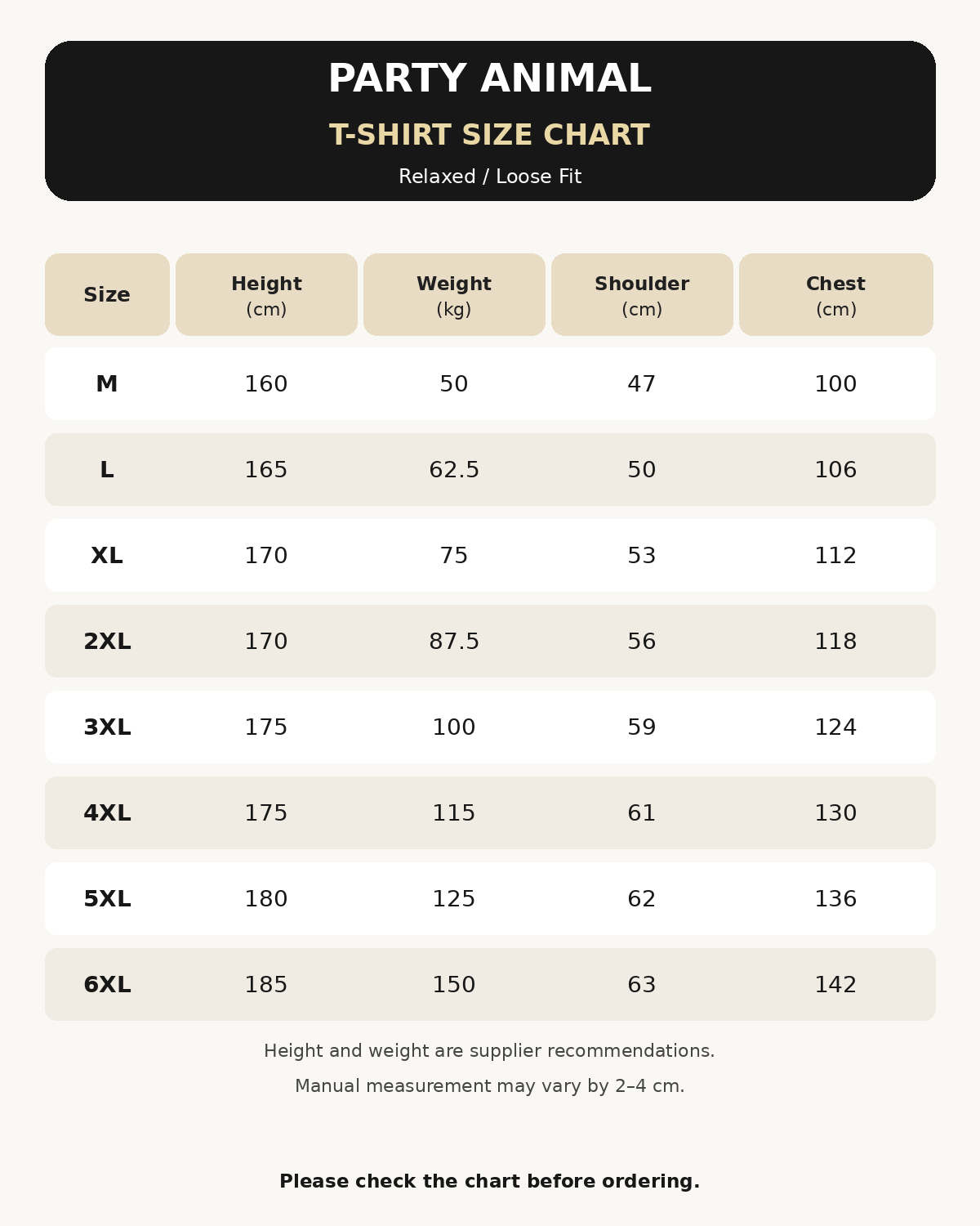 English Party Animal T-shirt size chart showing M to 6XL, recommended height and weight, shoulder and chest measurements