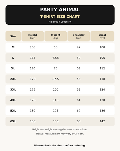 English Party Animal T-shirt size chart showing M to 6XL, recommended height and weight, shoulder and chest measurements