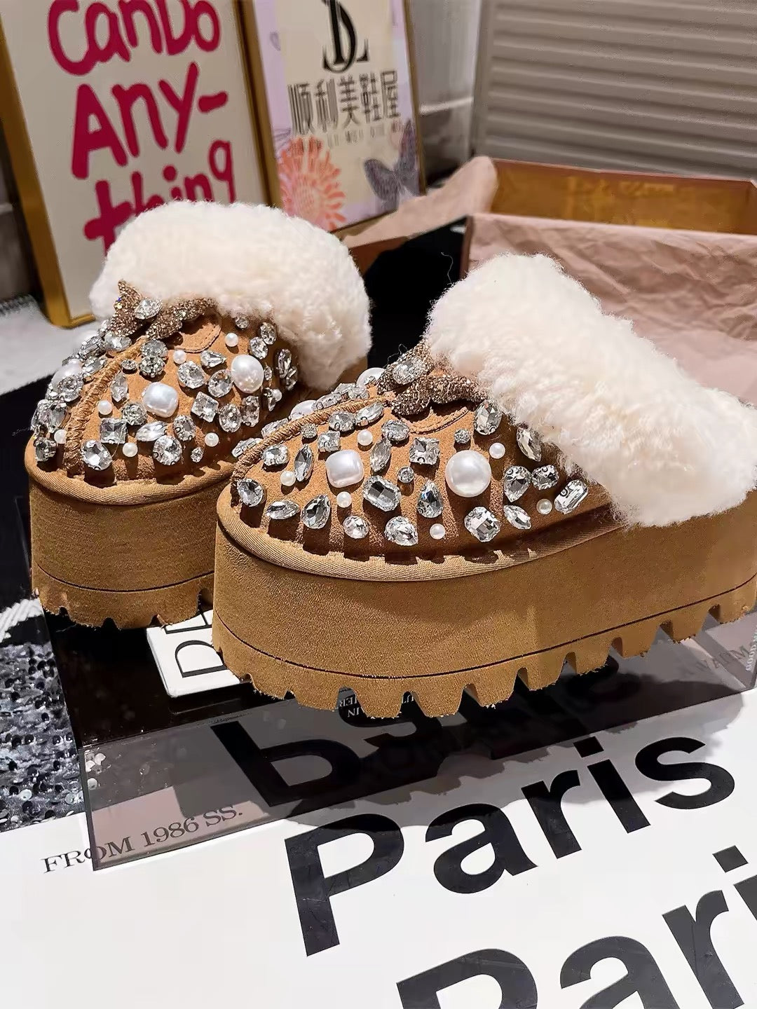 Tan brown genuine leather platform mule with pearl crystals and plush lining