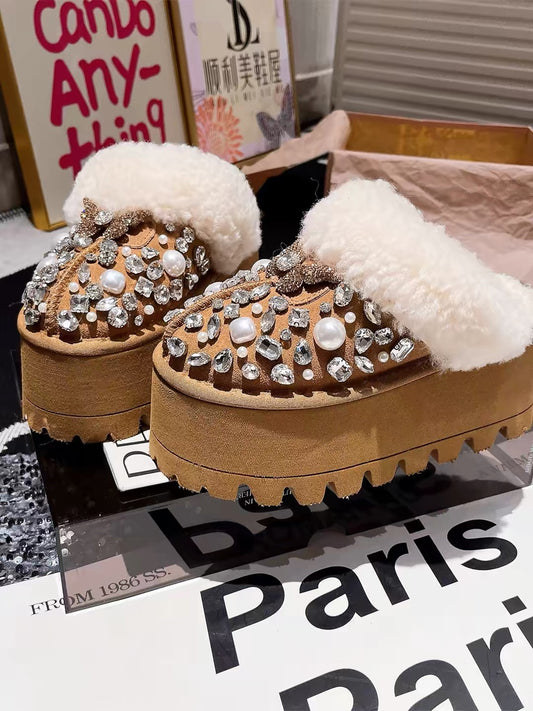 Tan brown genuine leather platform mule with pearl crystals and plush lining