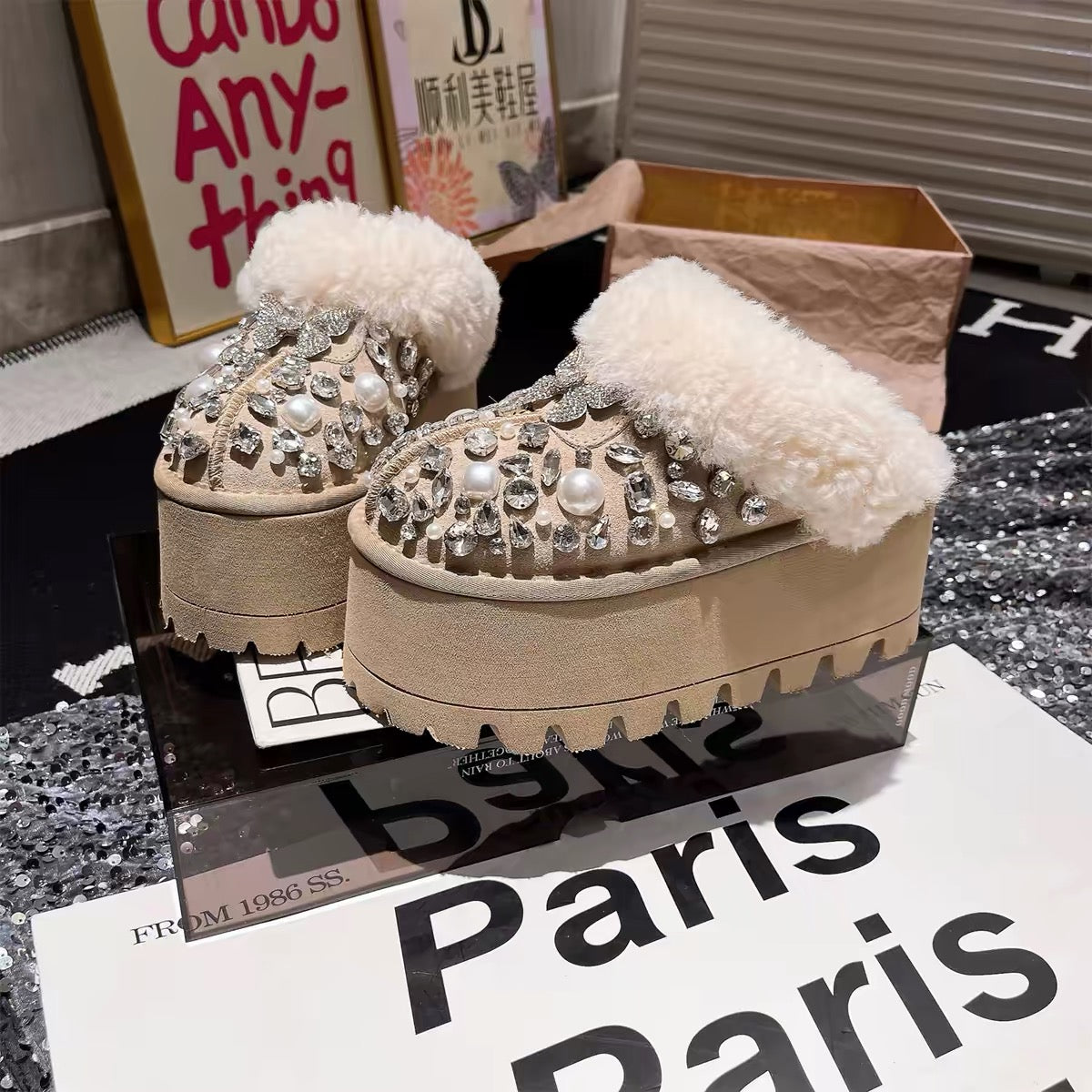 Beige chunky platform slip-on mule with sparkling crystal and pearl decoration