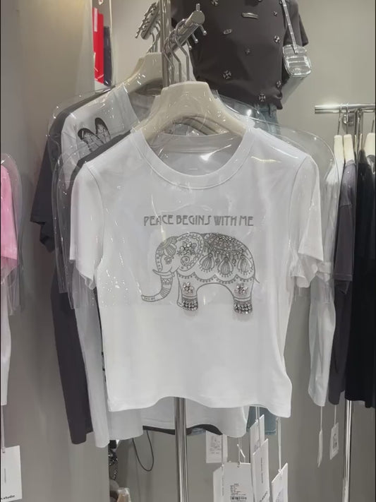 SFH Short-sleeved T-shirt for women summer 2024 new heavy industry diamond-encrusted baby elephant