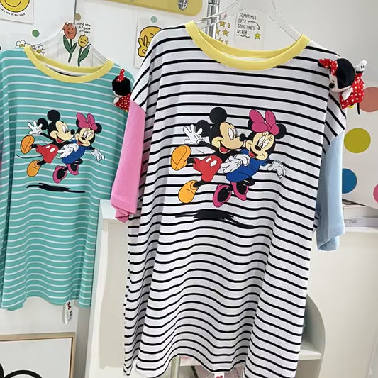 SFH free size tshirt dress with brooch oversized dress color matching tops 2024 summer new cartoon printed three-dimensional doll striped tee