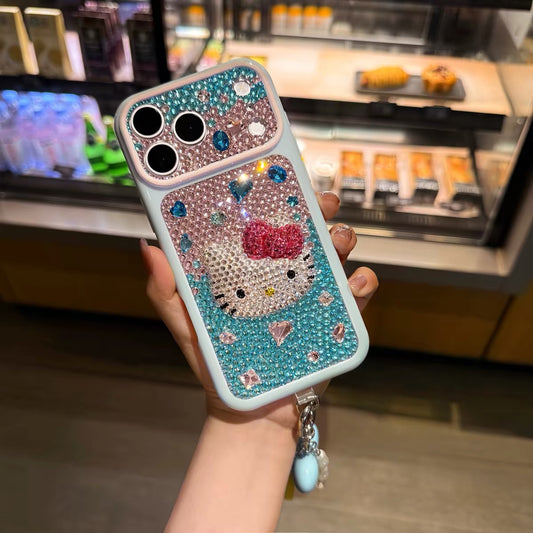 Blue and pink rhinestone character iPhone case with charm