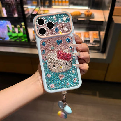Close-up of blue crystal and pink rhinestone character iPhone case
