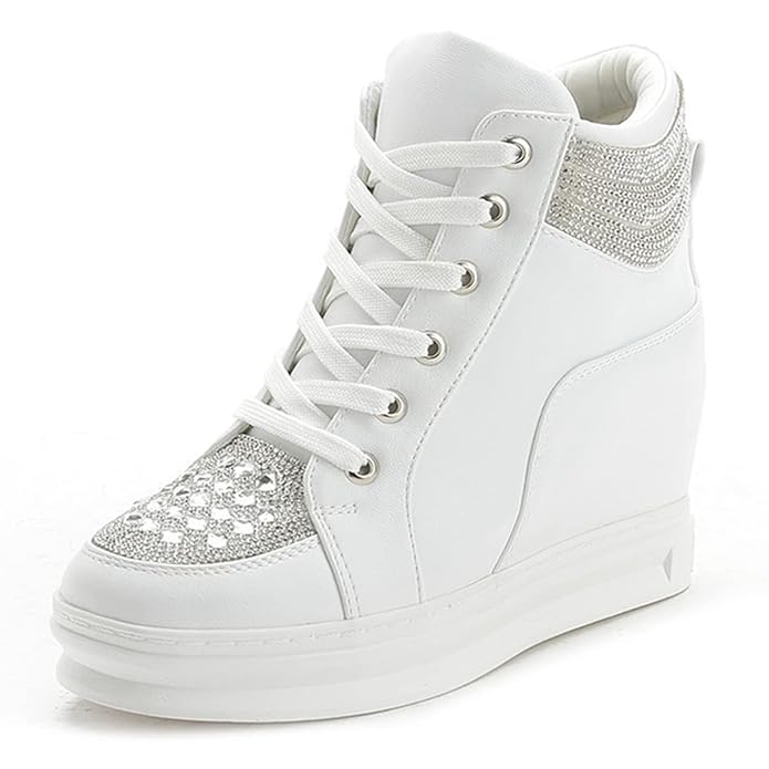 White high-top sneaker with rhinestone embellishments on a white background