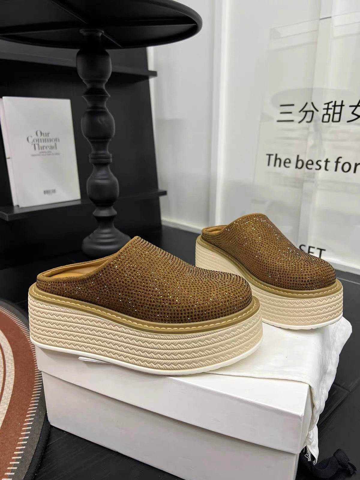 Bronze gold rhinestone platform clogs with cream platform sole