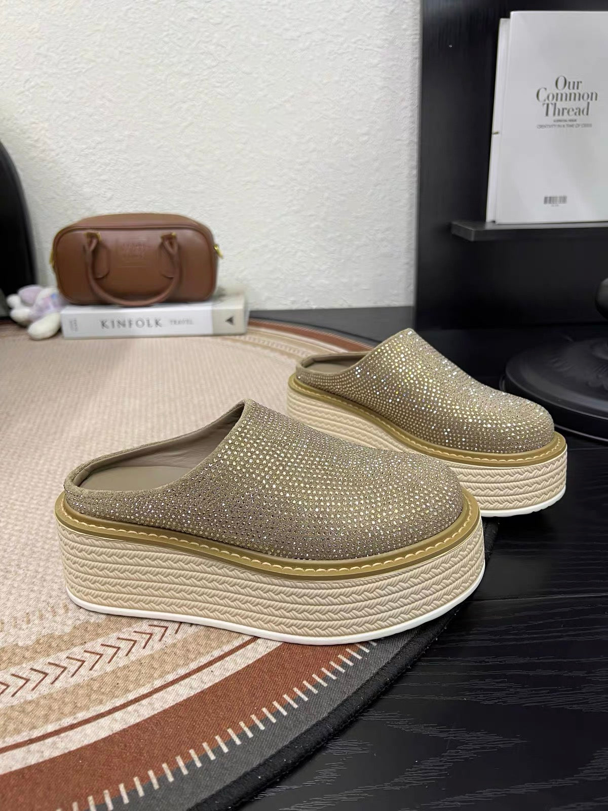 Champagne taupe rhinestone platform clogs with cream sole
