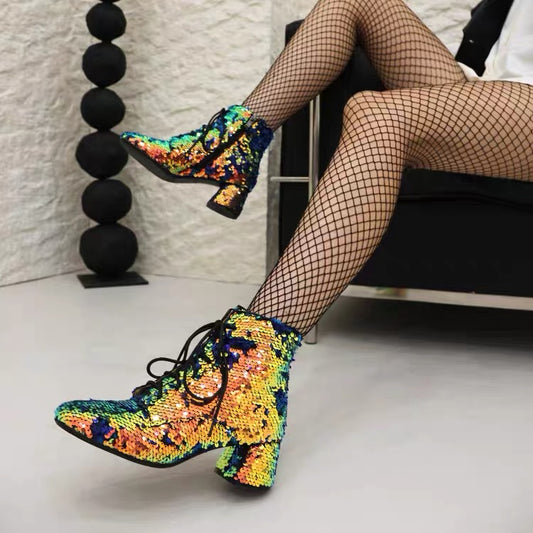 Multicolour iridescent sequin lace-up ankle boots with block heel