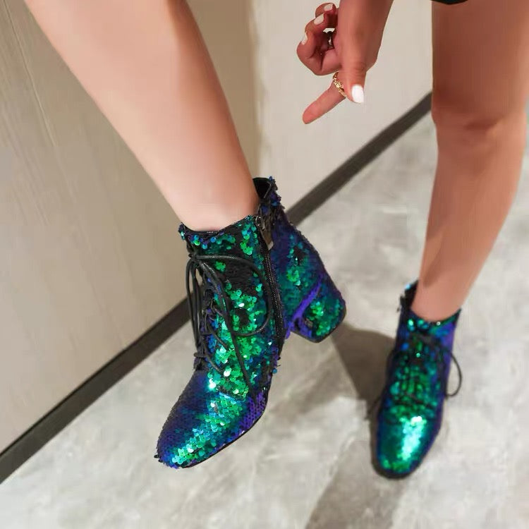 Green and blue sequin lace-up ankle boots with side zip