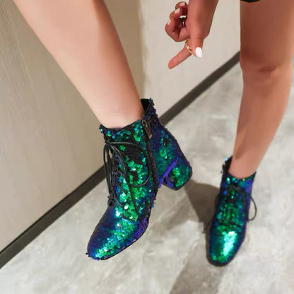 Green and blue sequin lace-up ankle boots with side zip