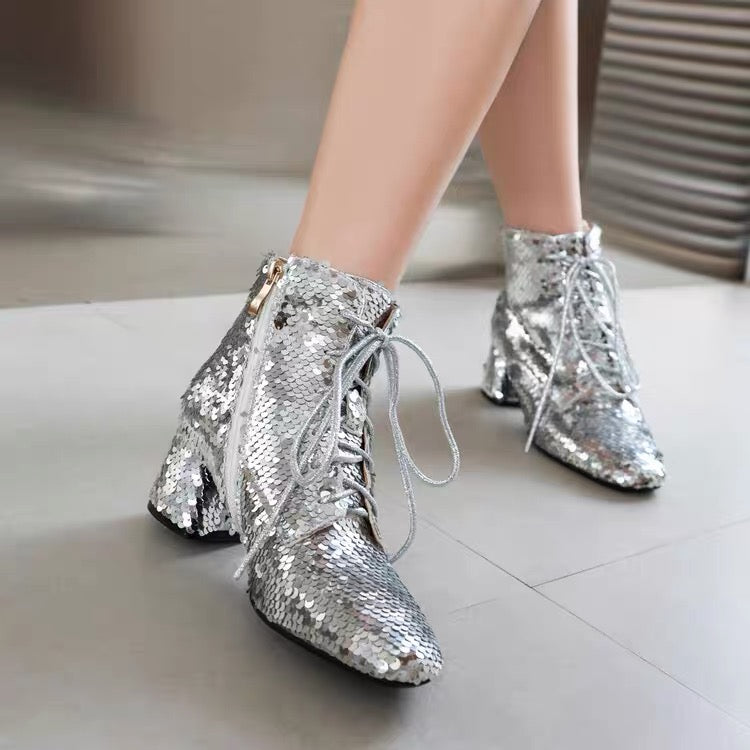 Silver sequin pointed-toe ankle boots with block heel
