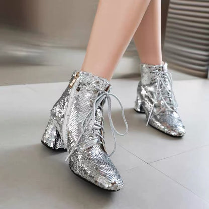 Silver sequin pointed-toe ankle boots with block heel