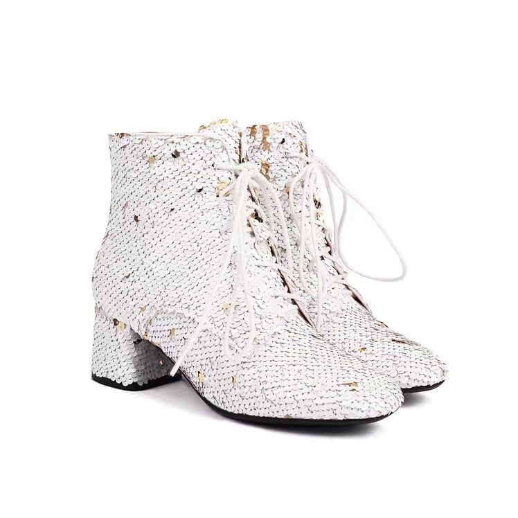 White sequin lace-up ankle boots with block heel