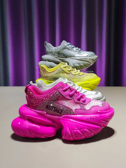 Chunky platform sneakers for women with rhinestone glitter design in pink, yellow, and silver colors