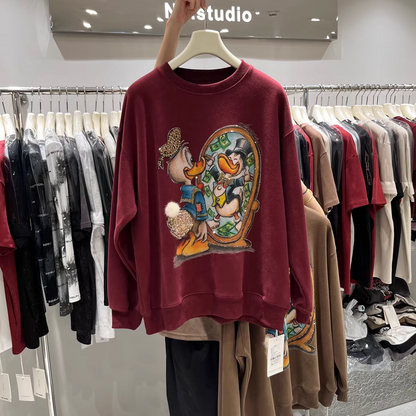 Samysfashionhouse 2024 new autumn and winter sweatshirts for women goods heavy industry cartoon Donald Duck foreign style loose mid-length tops and jackets hoodie sweatshirts trendy SAM60