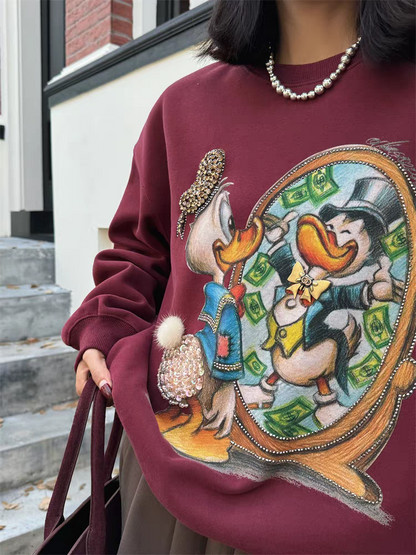 Samysfashionhouse 2024 new autumn and winter sweatshirts for women goods heavy industry cartoon Donald Duck foreign style loose mid-length tops and jackets hoodie sweatshirts trendy SAM60